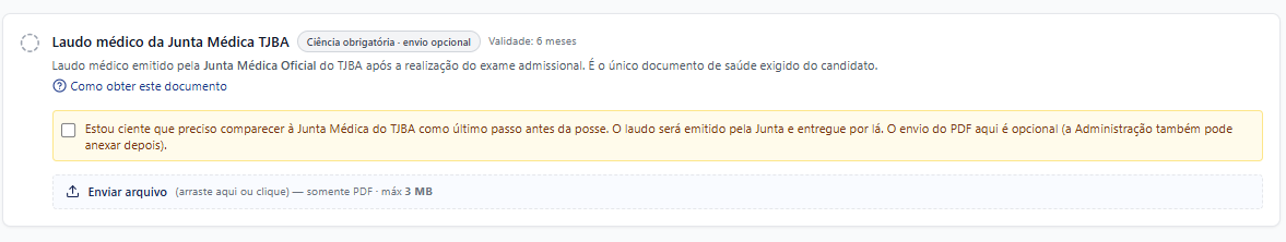 Item do laudo médico: ciência obrigatória, envio do PDF opcional.