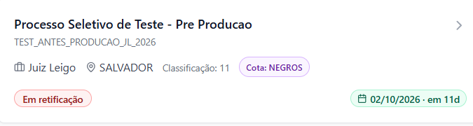 Cartão do processo sinalizando a situação “Em retificação”.
