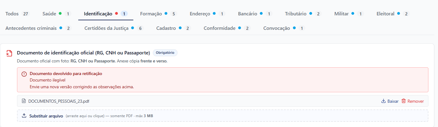 Documento devolvido para retificação, com o motivo e a opção de substituir o arquivo.