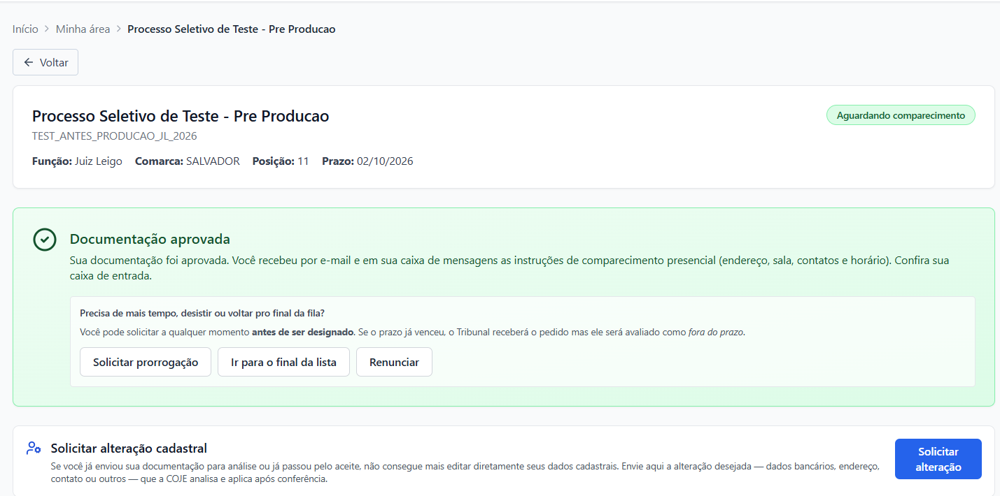 Situação “Aguardando comparecimento”, com o aviso de documentação aprovada.