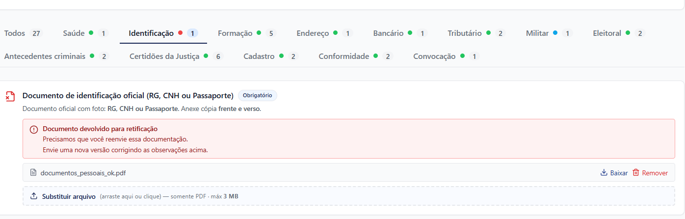 Documento identificado para reenvio, com o motivo informado pela SEGESP.